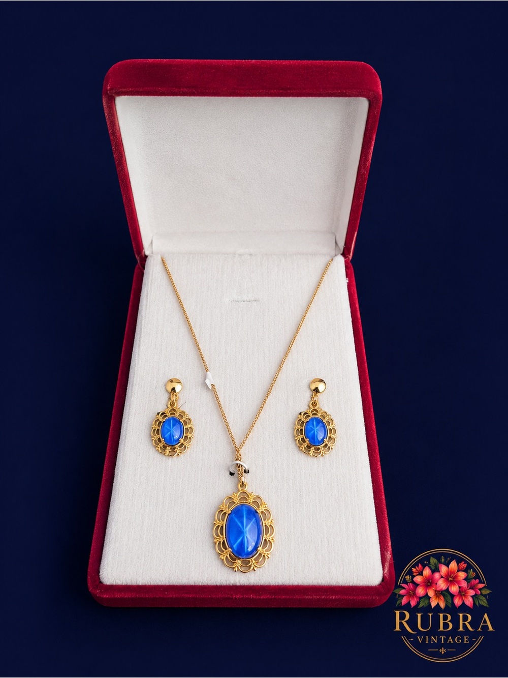 Vintage Gold Filigree Necklace and Earring Set with Bright Blue Cabochons - Picture 1 of 6